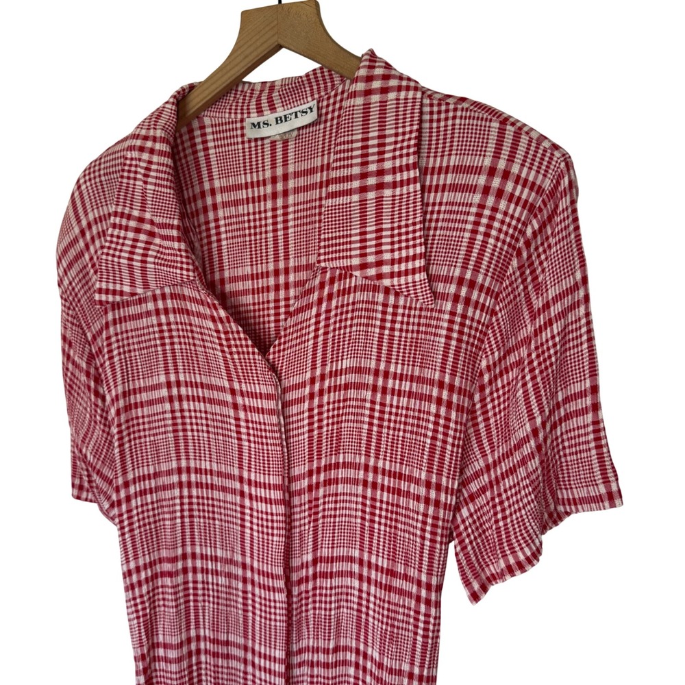 VTG Tunic Top Button Down Red White plaid USA Americana Picnic Core Retro Summer